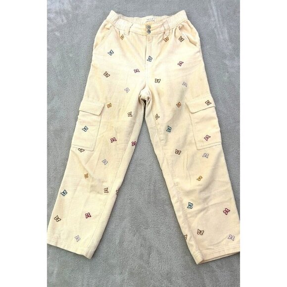 PacSun Yellow Corduroy Pants Womens M Embroidered Butterflies Baggy Cargo Y2K - Picture 1 of 6